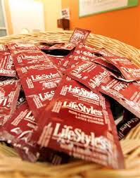 A basket of condoms is displayed at