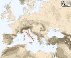 The Apennines range on the relief