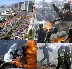 on thousands of riot police B
